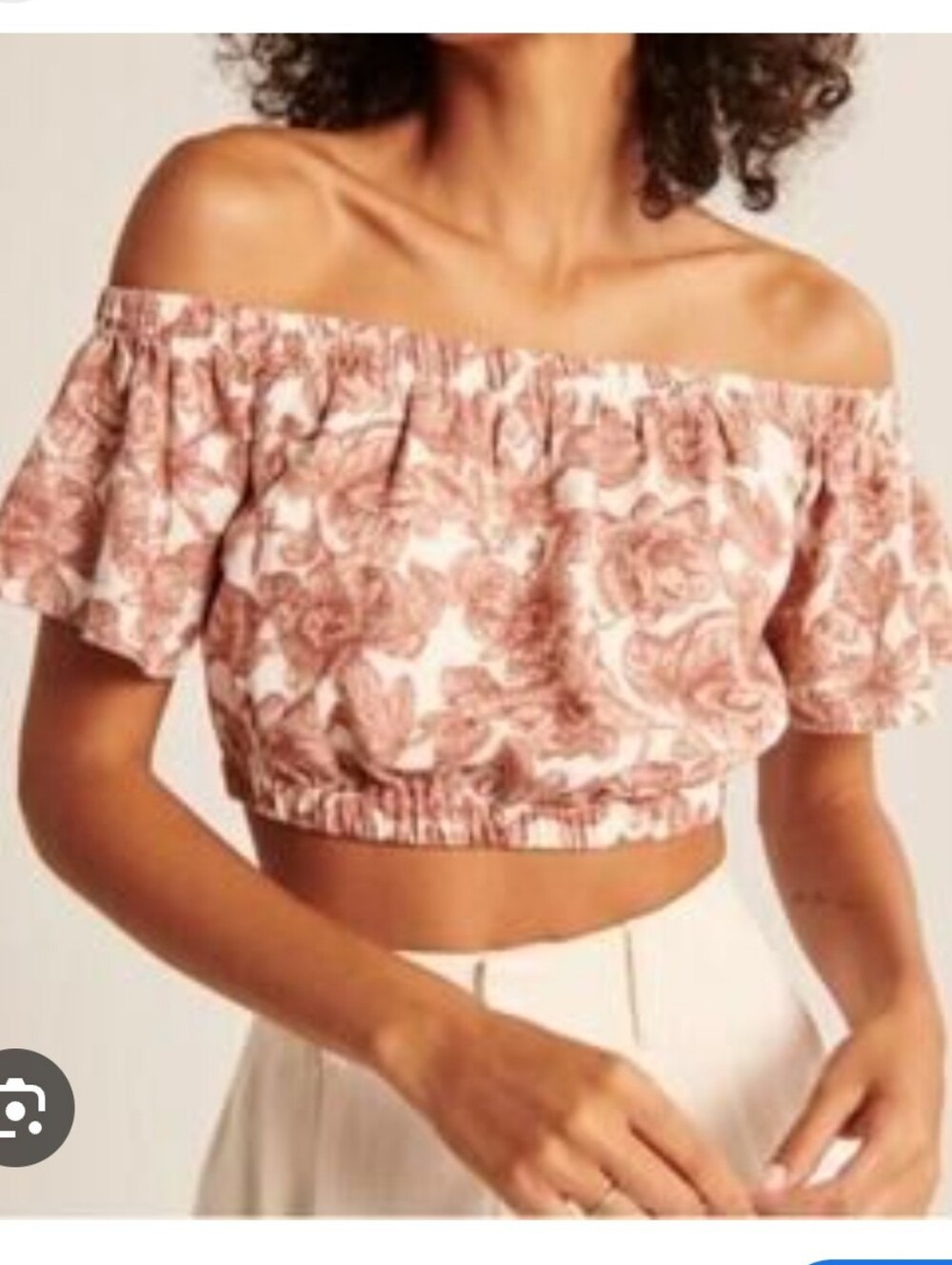 NWOT Abercrombie & Fitch Linen Blend Floral Off-Shoulder Crop Top Dusty Rose M